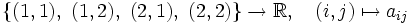 \{(1, 1),\ (1, 2),\ (2, 1),\ (2, 2)\} \to \mathbb R,\quad (i,j )\mapsto a_{ij}